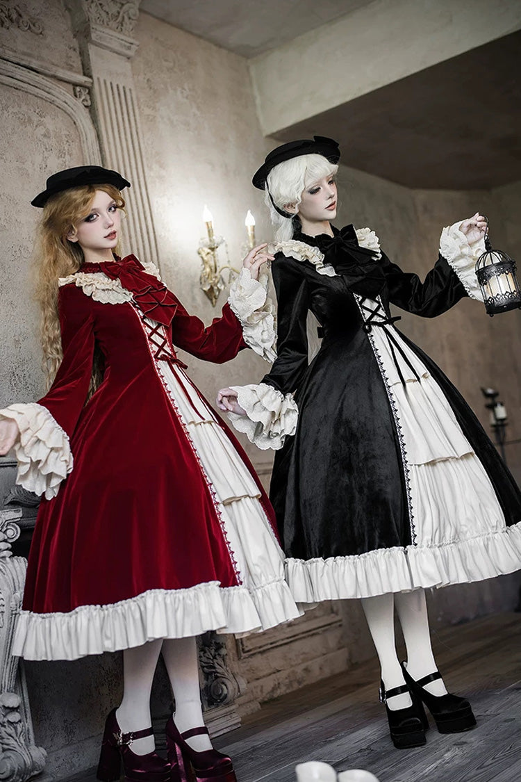 Gothic Lolita Dress with Ruffled Open-Front Bow and Lace-Up - Black