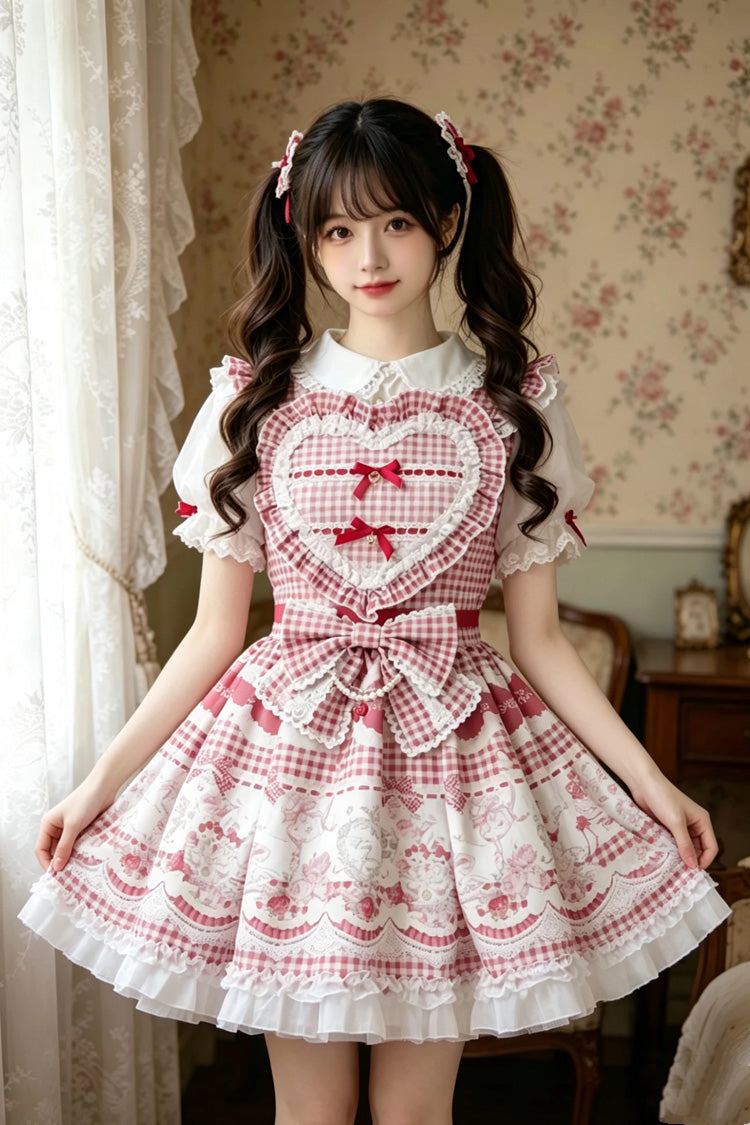 Lapel Collar Bow Print Short Sleeve Plus Size Jirai Dress in Three Colors