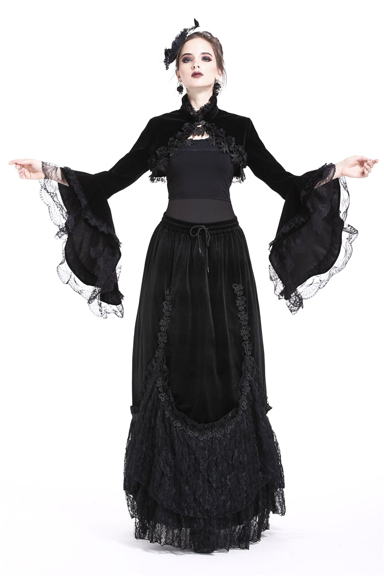 Multi-Layered Long Trumpet Sleeve Rosette Velour Gothic Bolero for Women Lace