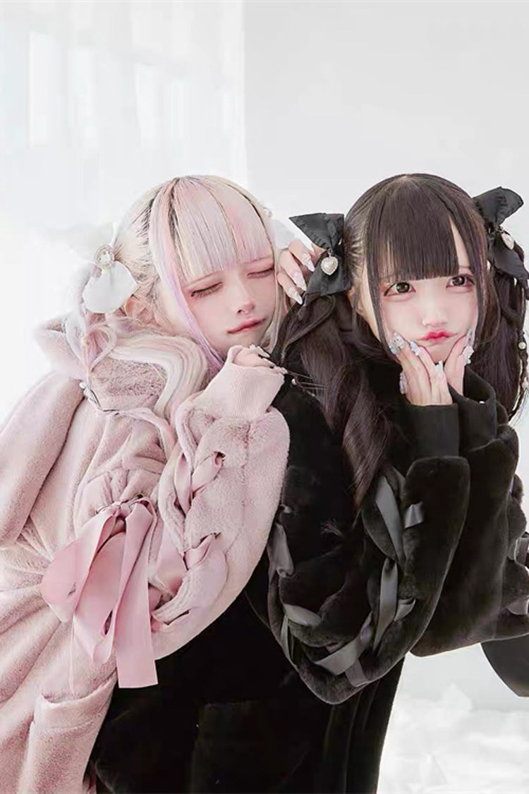 Black Rabbit Ears Bowknot Lace-Up Hooded Jirai Kei Coat