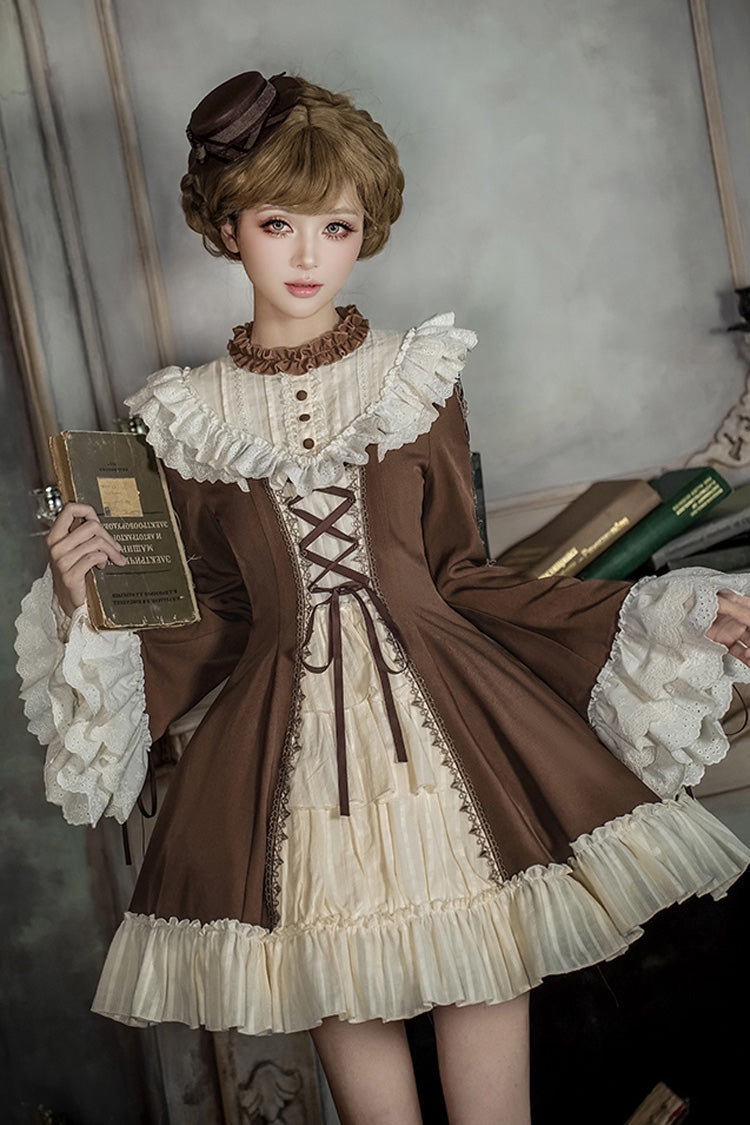 Brown Beige Nutcracker Stand Collar Long Trumpet Sleeves Ruffle Cardigan Lace-Up Sweet Lolita Dress Set