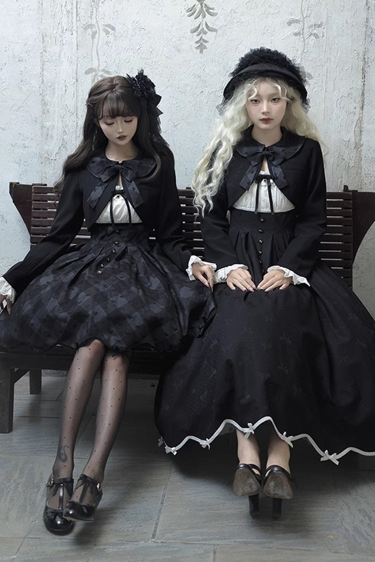 Black Short Sleeve Plaid Print Sweet Elegant Princess Dress Short - Swan