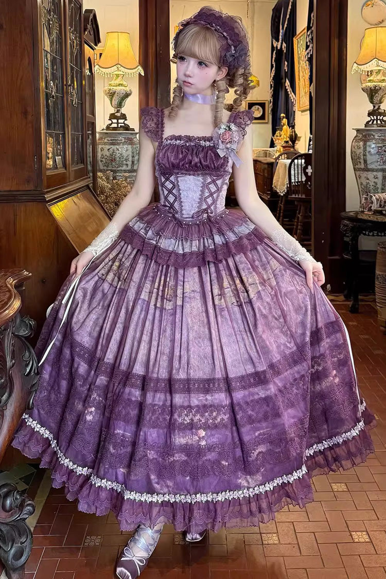 Violet Mist Vineyard Sleeveless Ruffled Bow Lace-Up JSK Skirt Set