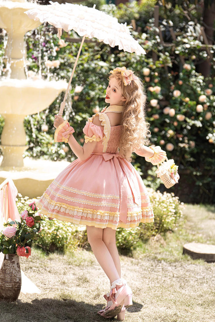 Pink Tulip Print Short-Sleeve Ruffle Bow Sweet Lolita Dress