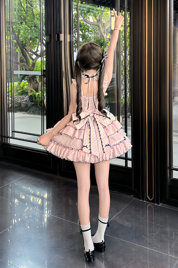Pink Sleeveless Polka-Dot Multi-Layer Ruffle Bow Sweet Princess JSK Dress