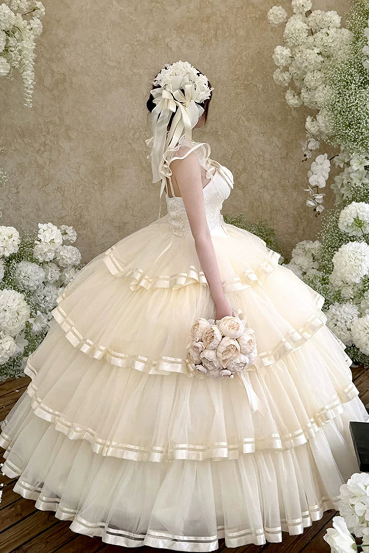 Organza Satin Sleeveless Layered Ruffled Bow Lace Sweet Lolita JSK - Apricot