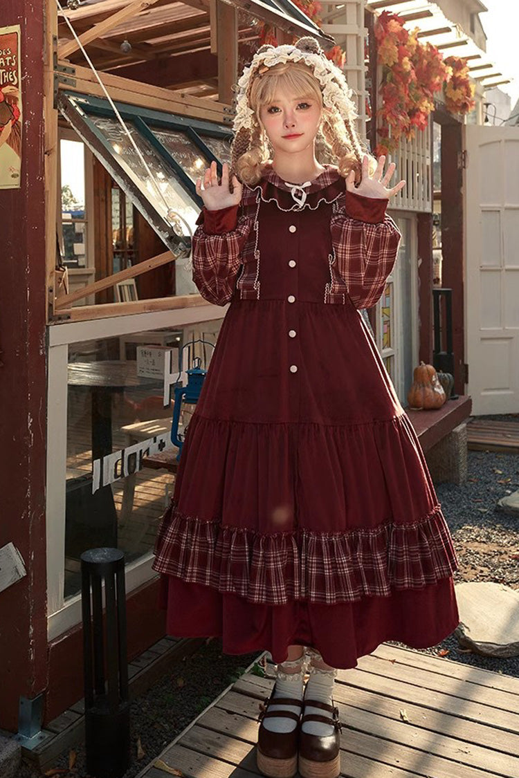 Red Velvet Plaid Printed Bow Christmas Sweet Lolita Dress
