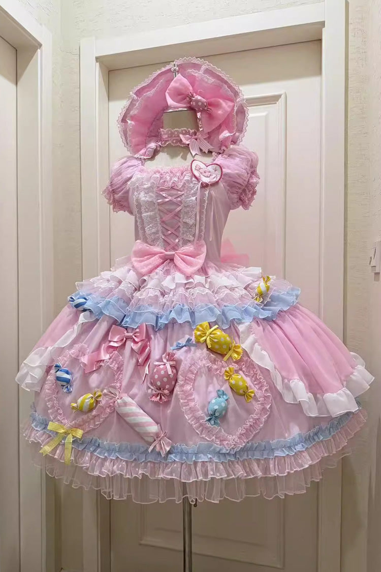Pink Candy Party Short Sleeves Multi-Tiered Ruffled Bow Lace Lace-Up Sweet Lolita Dress