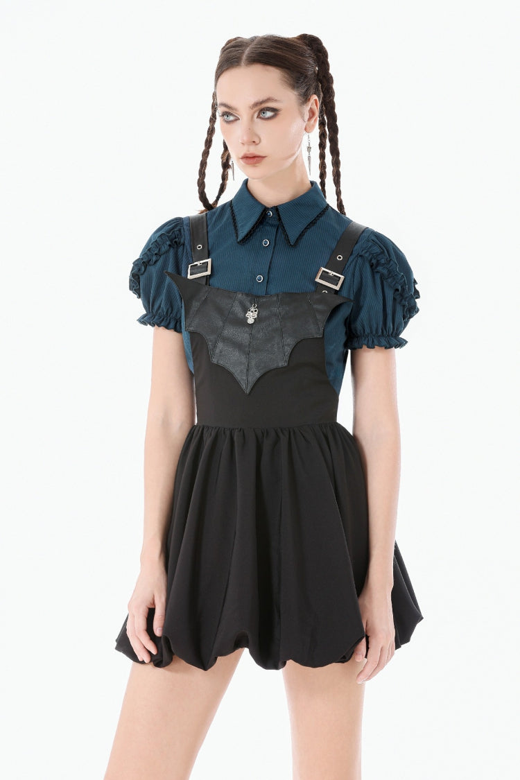 Bat Wing Buckled Gothic Suspender Dress Graduation Dress with Tail