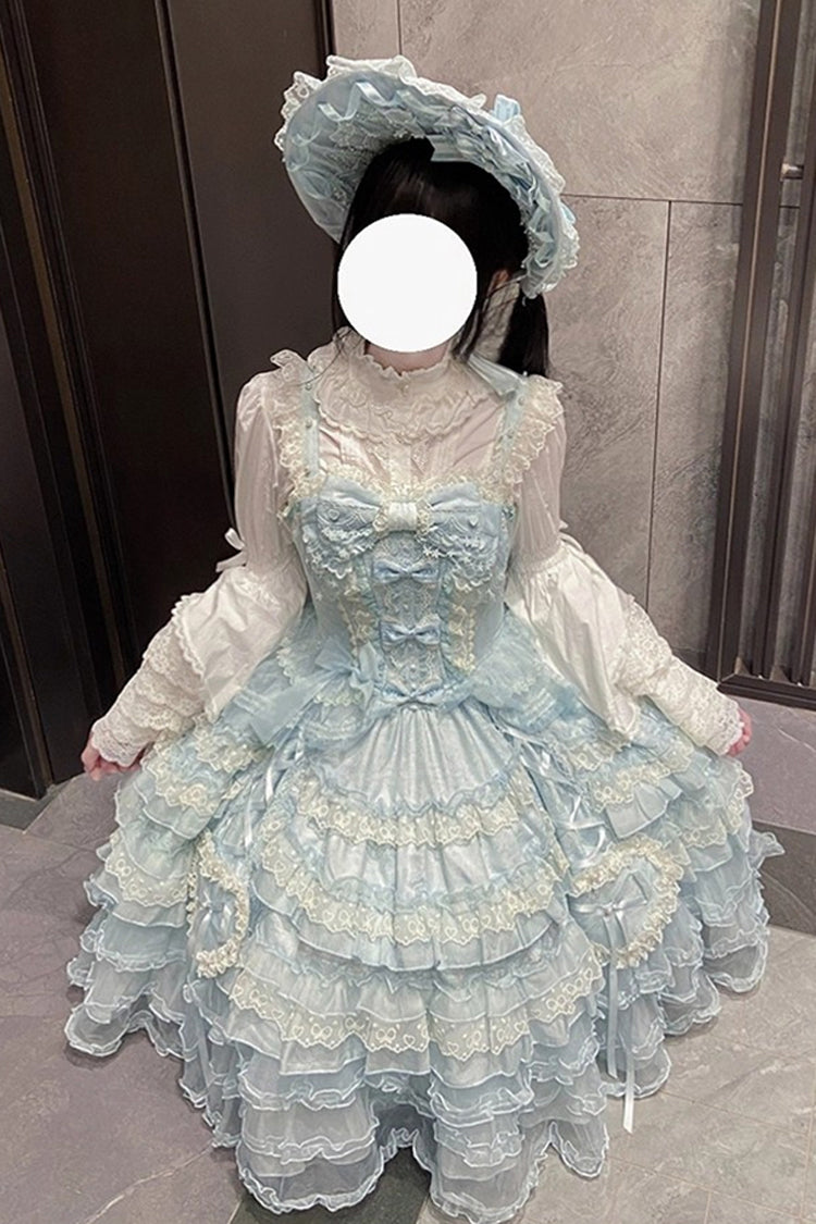 Blue Multi-Layered Ruffled Hanayome Embroidered Bow Lace Sweet JSK - Sweetheart Diary