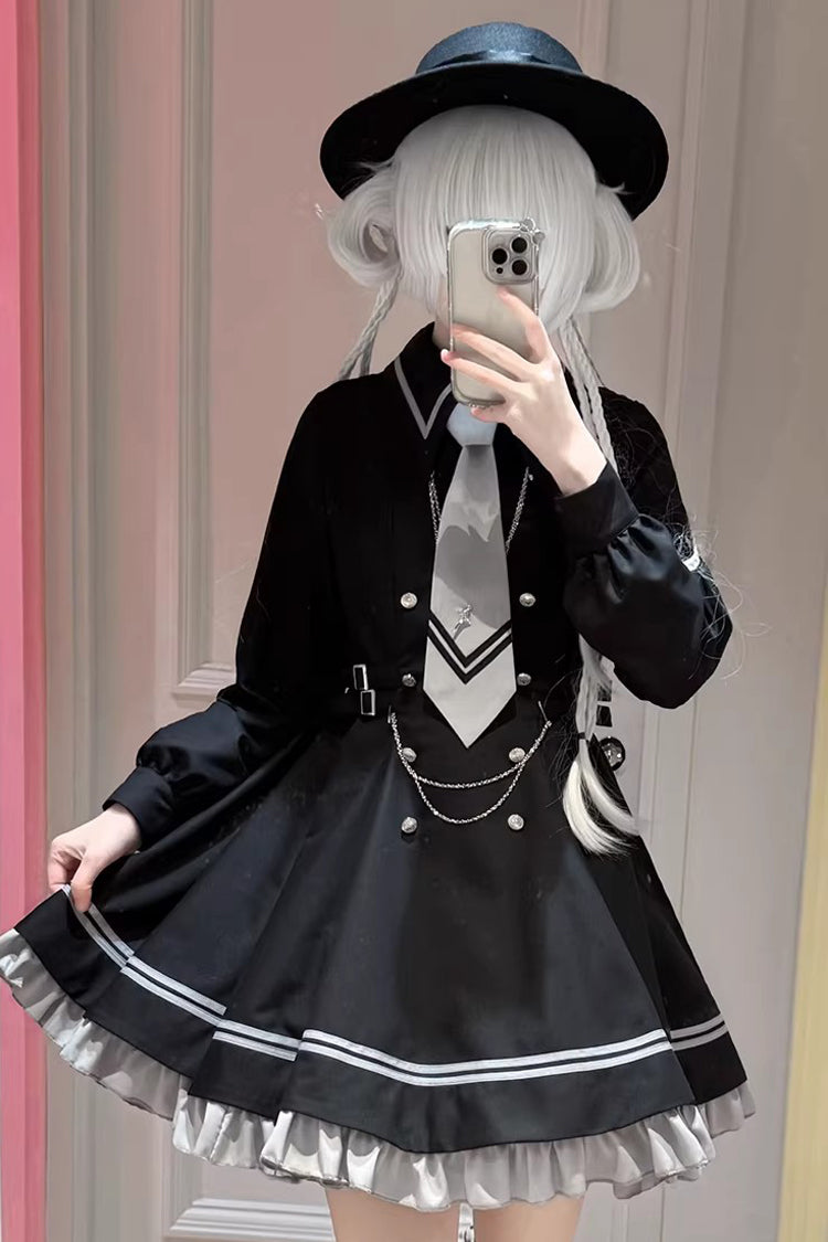 Long-Sleeve Ruffled Chain Gothic Jirai Kei Dress Set - Starlight Command