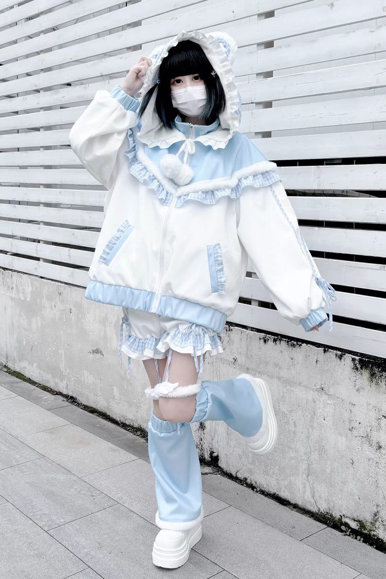 Ivory and Blue Star Bear Motif Hooded Ruffle Sports Jacket