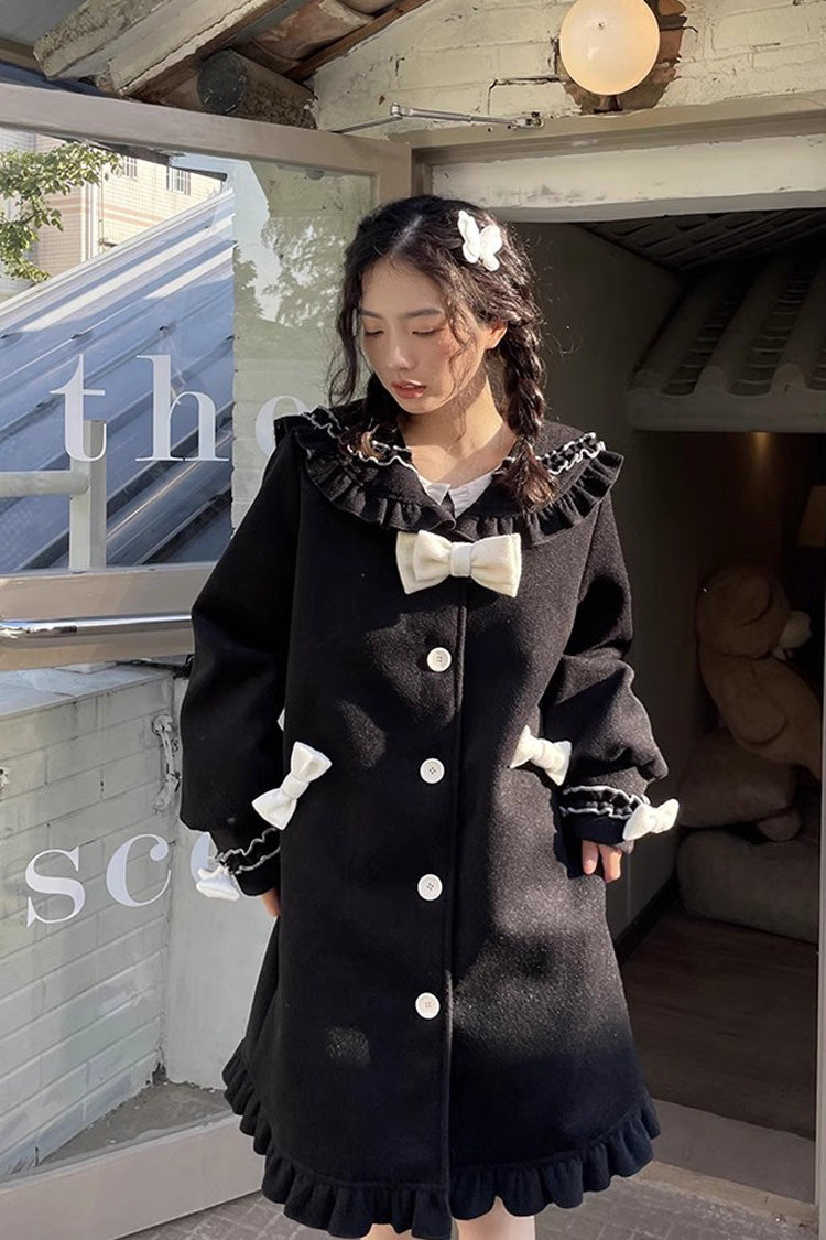 Doll-Collar Long-Sleeve Bow Princess Coat in Black
