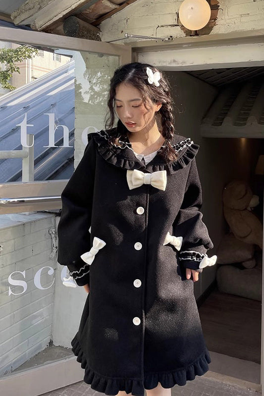 Doll-Collar Long-Sleeve Bow Princess Coat in Black