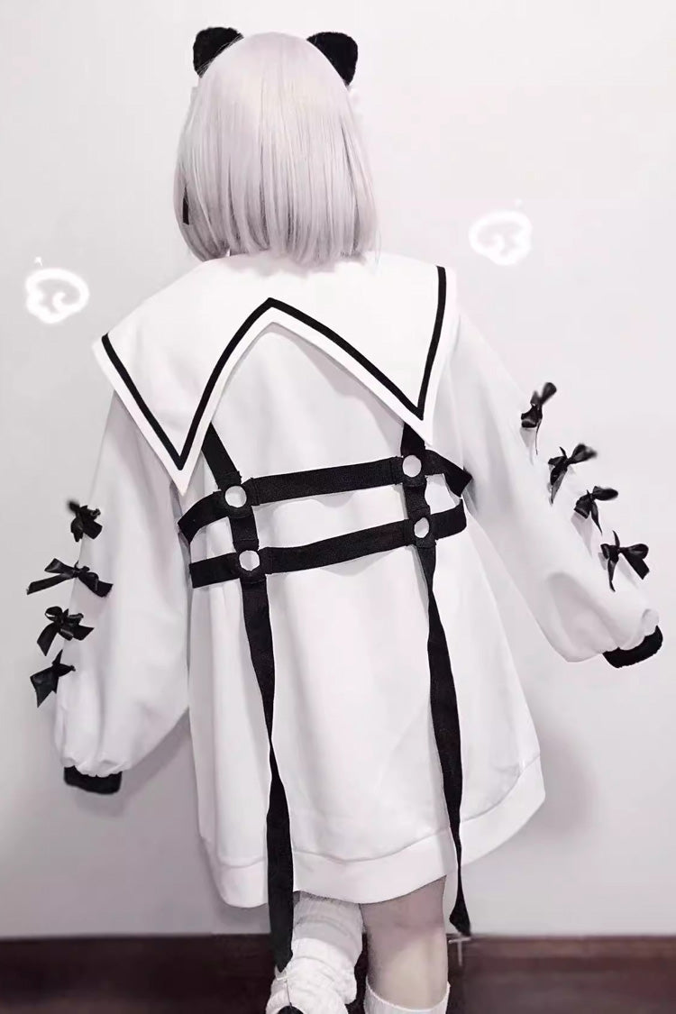 Sailor Collar Long Sleeve Cross Print Bow Coat - Jirai Kei