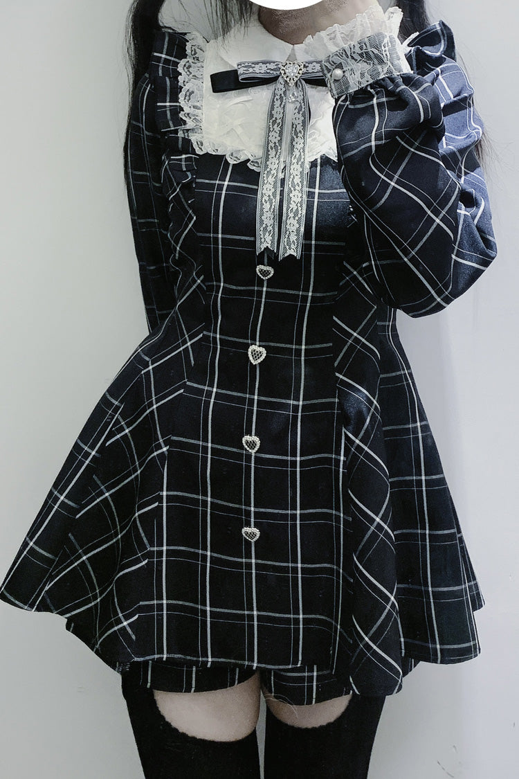 Heart-beating Limited Plaid Print Bowknot Lace Gothic Jirai Kei Dress Set - Black/White