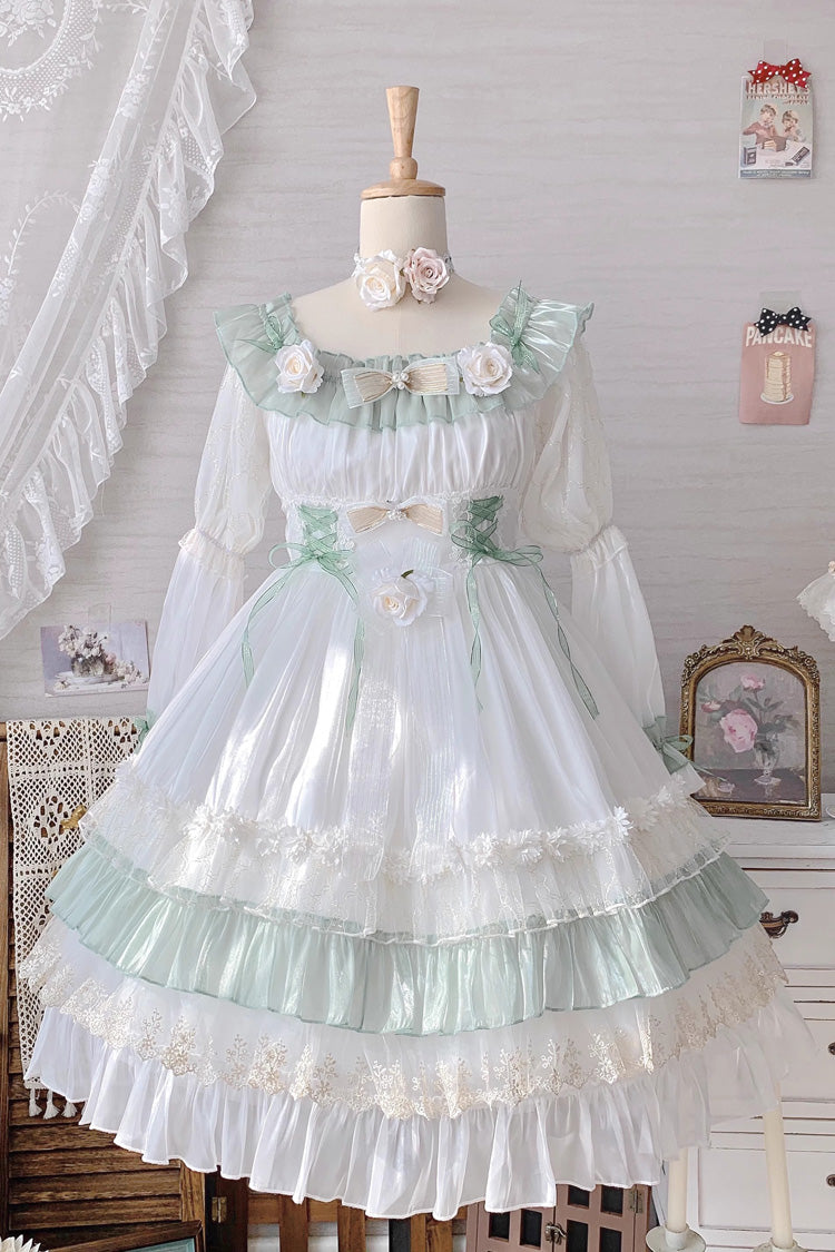 Long Sleeve Multi-Layer Ruffle Bow Lace Lace-Up Sweet Princess Lolita Dress - Green