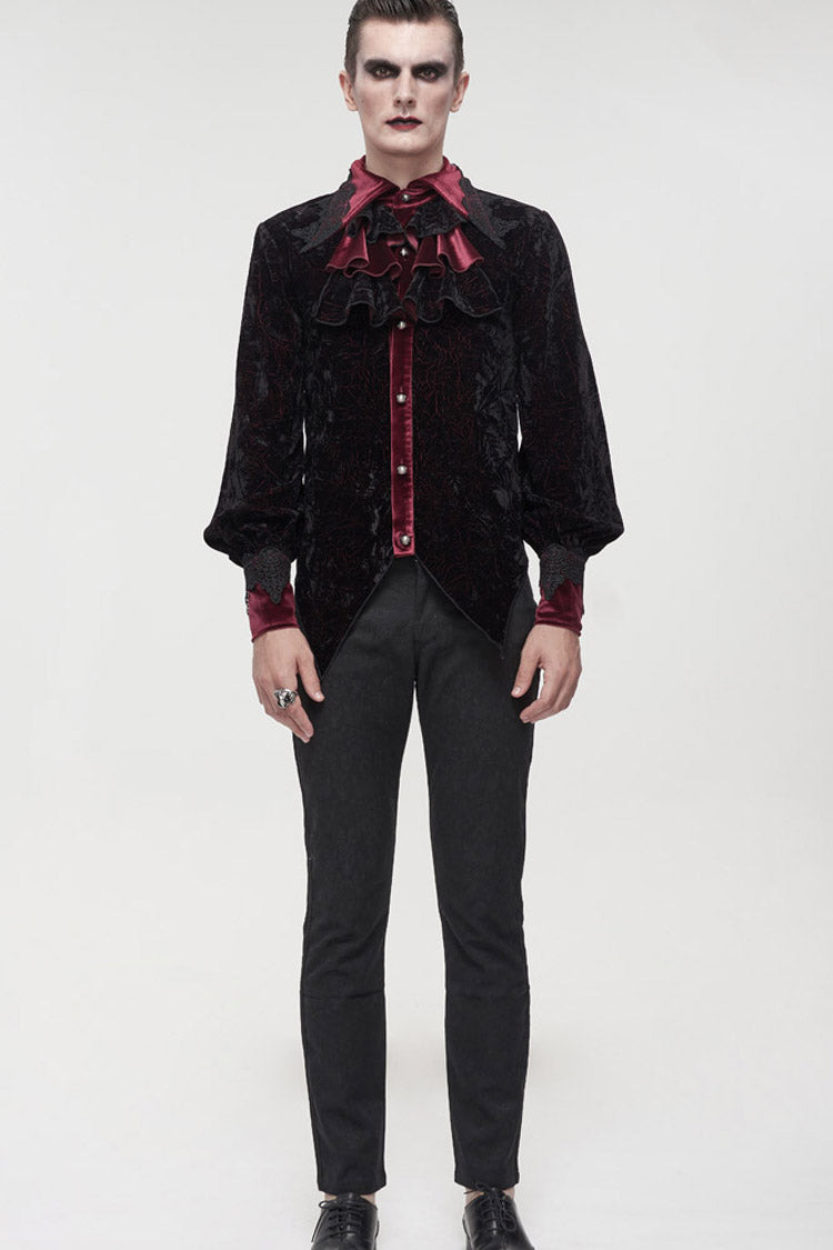 Crimson & Noir Velvet Stand Collar Ruffle Lantern Sleeve Gothic Shirt for Men