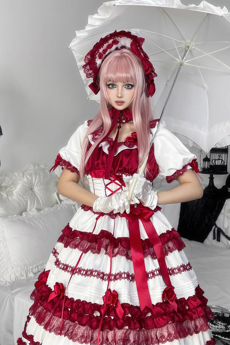 Ivory and Ruby Velvet Short Sleeve Ruffled Ribbon Lace Sweet Lolita Dress