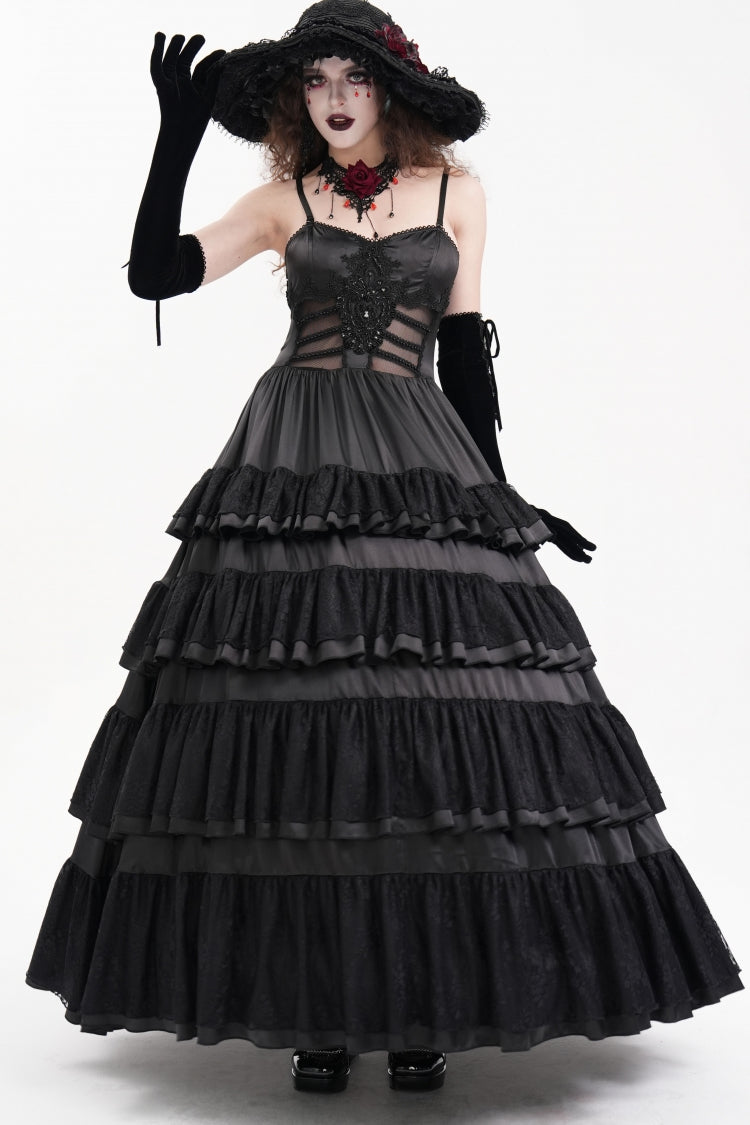 Gothic Mesh Dress with Ruffles and Lace-Up, Black