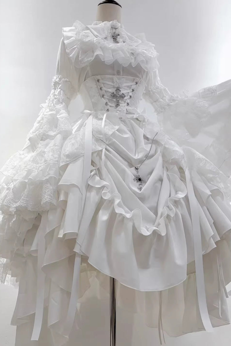 Ivory Long Hime Sleeve Ruffled Bow Gothic Skirt Dress Set