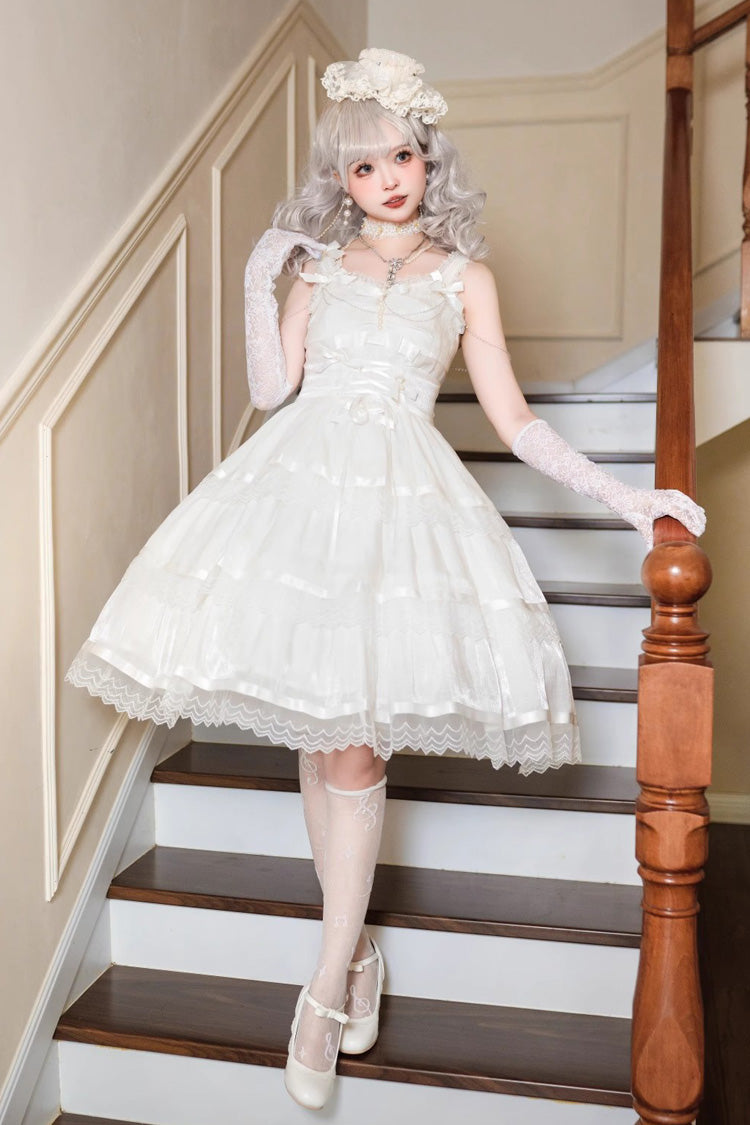 Ivory Sleeveless Multi-Layer Ruffle Bow Sweet Lolita JSK
