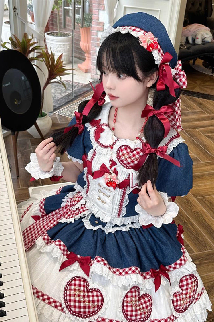 White Blue Red Peach Heart Lilith Ruffle Bow Lace Up Sweet Skirt Set