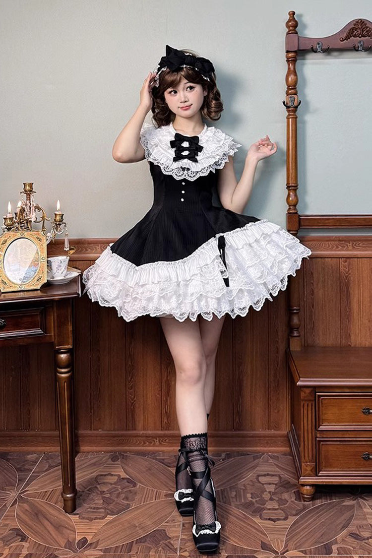 Black/White Asymmetric Lace Bow Sleeveless Multi-Layer Ruffle Sweet Lolita Dress - Miss Tsundere