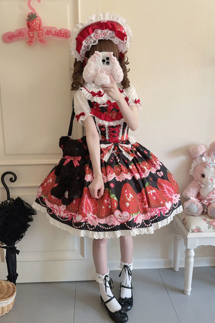 Strawberry Print Ruffled Bow Lace Sweet Lolita JSK