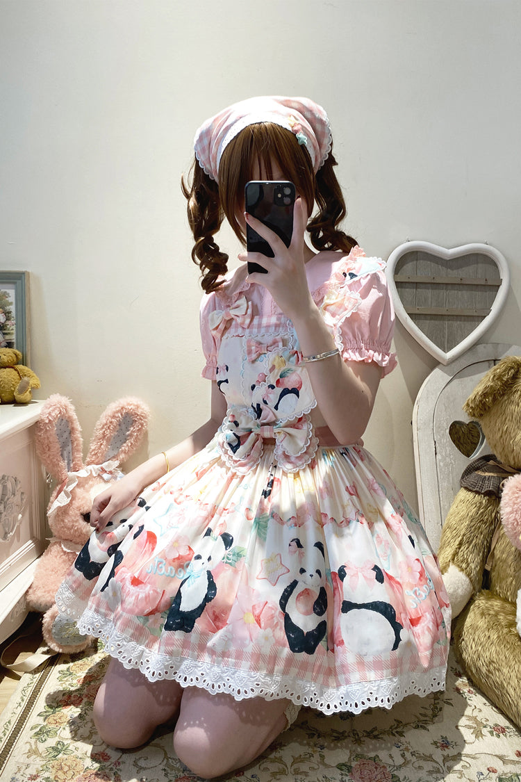 Panda Peach Printed Bow Sweet Lolita Strap Dress
