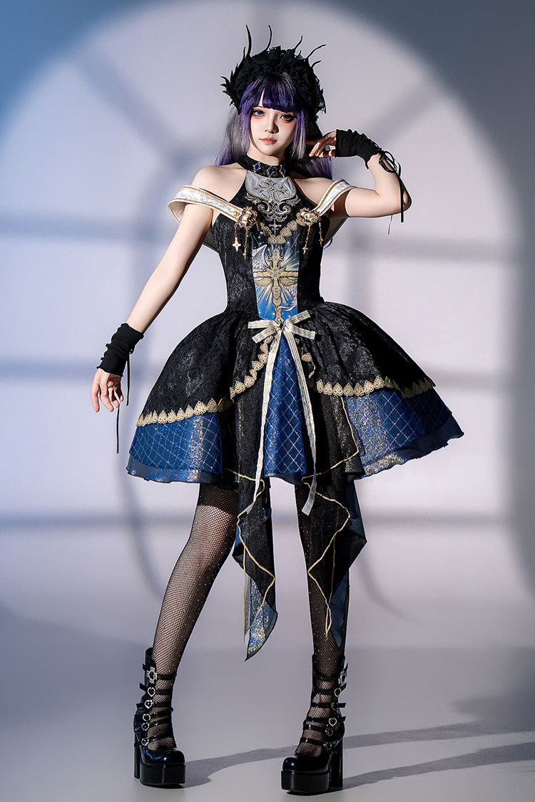 Black Blue Universe Off Shoulder Halterneck Sleeveless Embroidered Cardigan Gothic Princess Dress