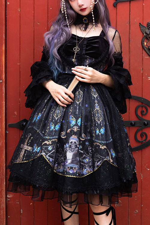 Black Skull Print OP Dress with Lantern Sleeves