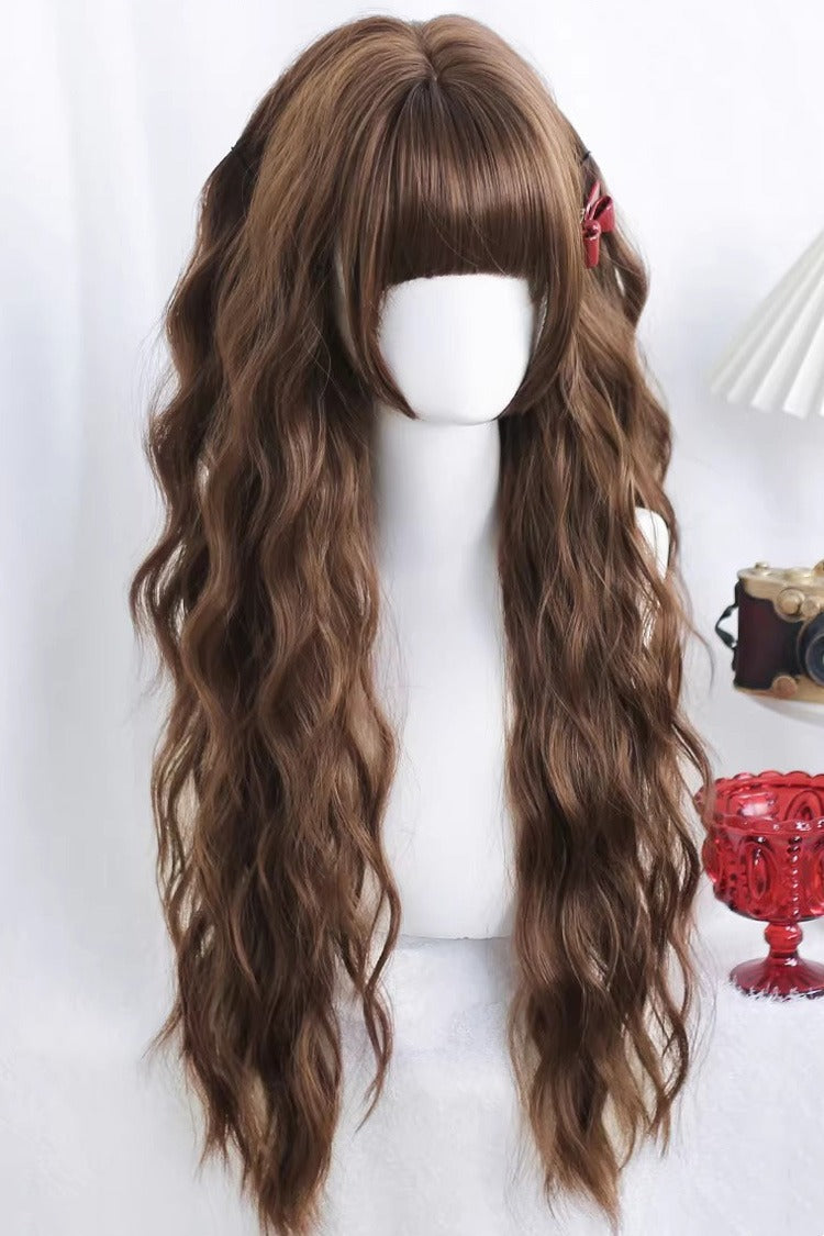 Warm Brown Beach Wave Wig with Blunt Bangs - Sweet Lolita