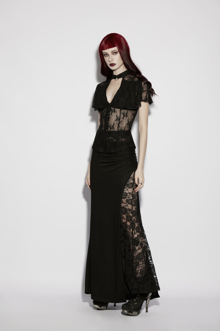 Cosplay Gothic Blouse with Lace-Up and Cutout Details
