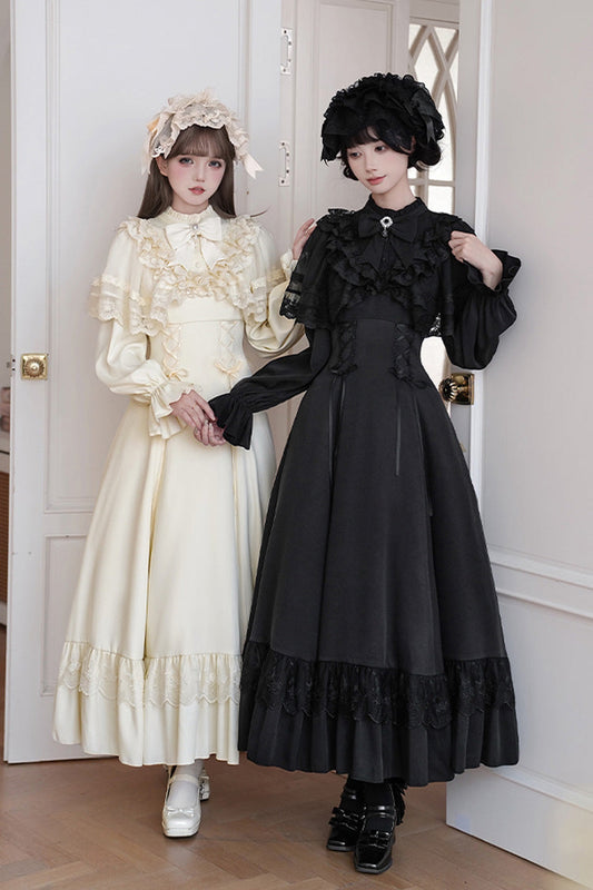 Letters Poems Day Night Stand Collar Long Sleeves Ruffle Bowknot Lace-Up Gothic Lolita Dress