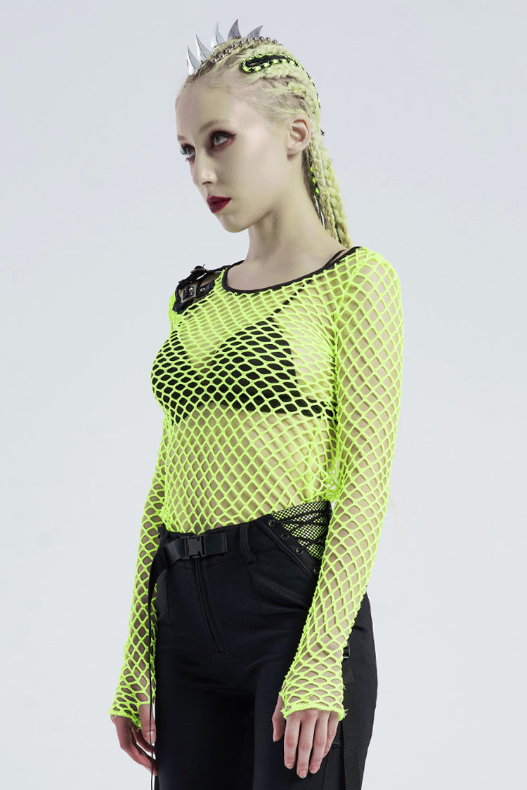 Emerald Punk T-Shirt with Hollow Shoulder and Coarse Mesh Details