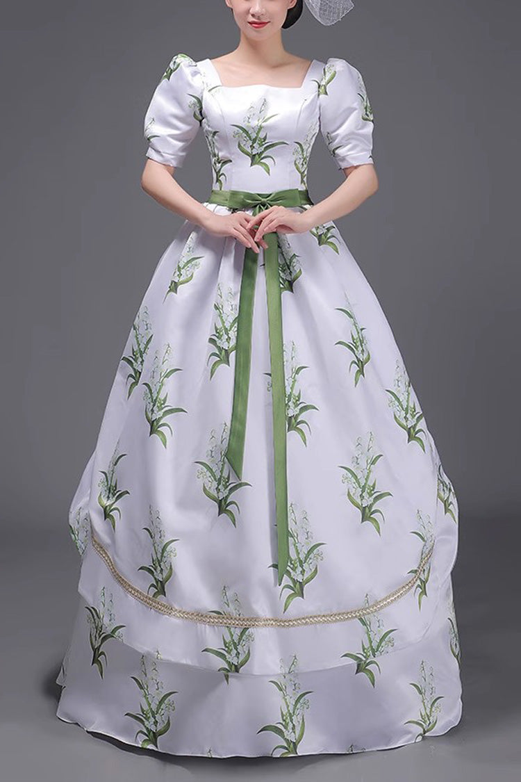 White Green Printed Victorian Dress - Sweet Vintage Court