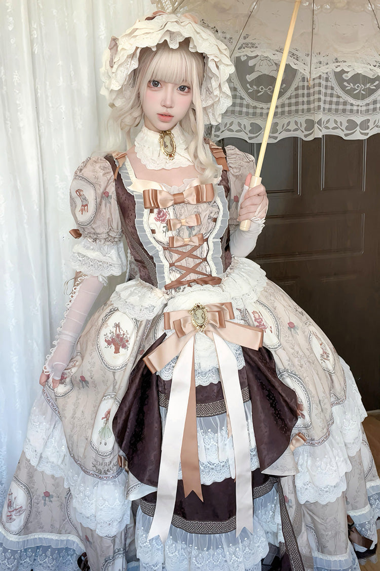 Baker Street Tea Party Short Sleeve High Waist Print Ruffle Embroidery Cardigan Bow Lace-Up Vintage Princess