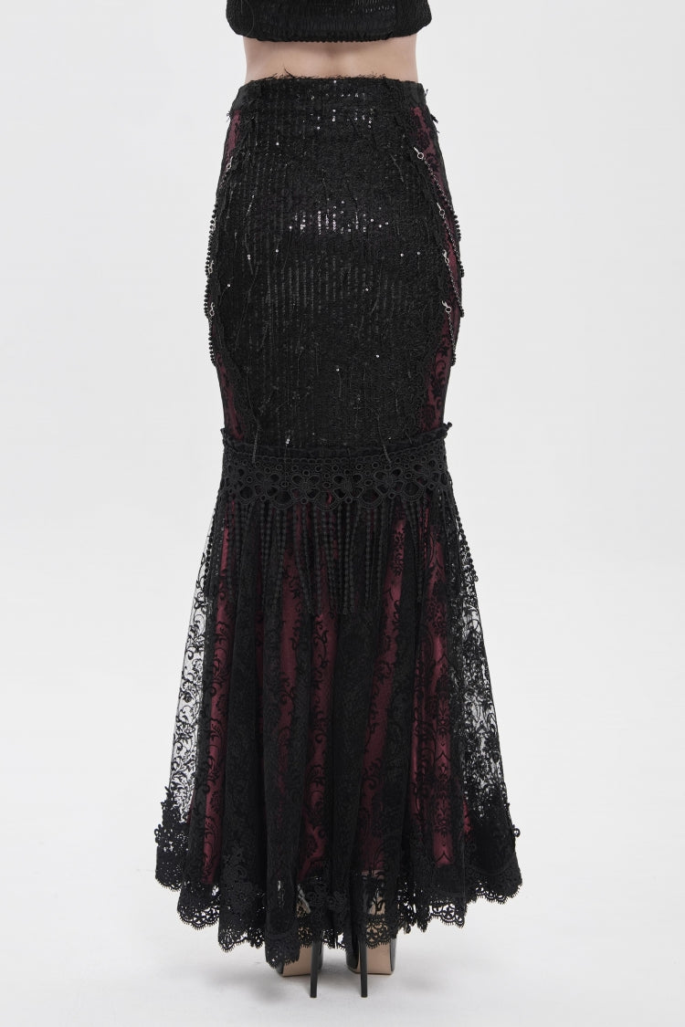 Noir & Red Embroidered Pearl-Adorned Slim Gothic Skirt