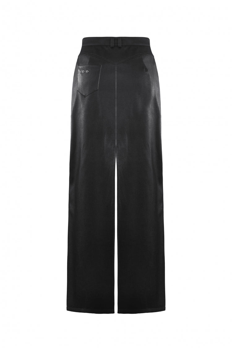 Coal Leather Skirt with Buckle Accents and Side Slit