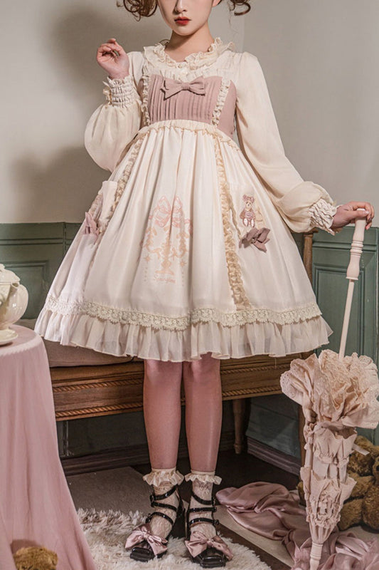 White & Pink Sleeveless Good Night Bear Print Cute Lolita Dress