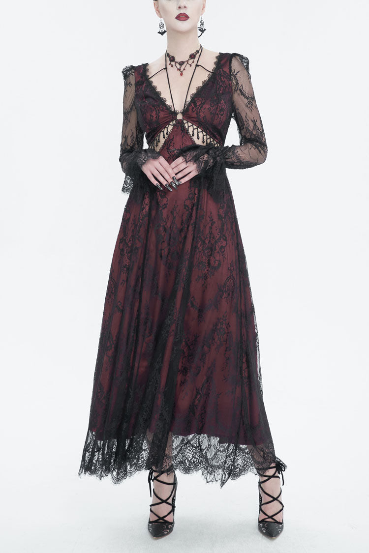 Crimson Lace-Trimmed Cutout Adjustable Waist Gothic Gown