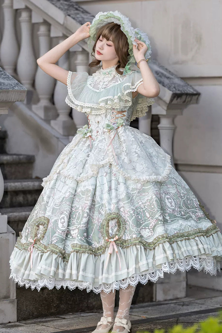 Spring Green Edwardian Collar Jacquard Printed Lace Fishbone Sweet Dress - Cloudborne Prelude