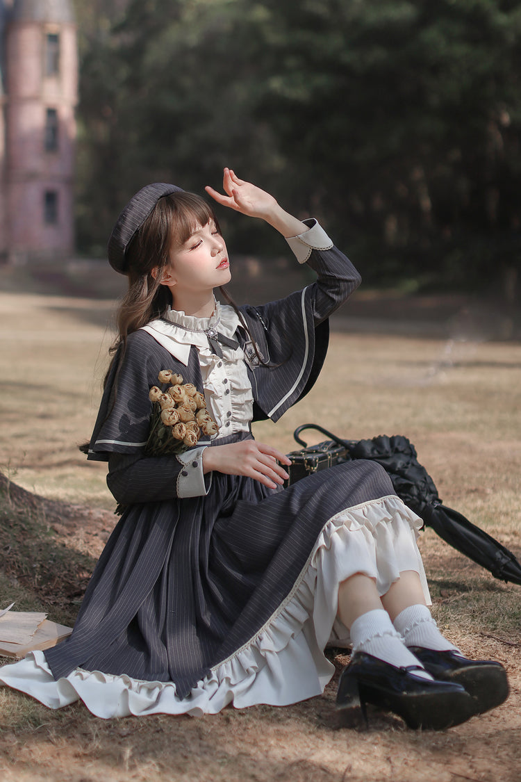 Striped Ruffle Bowknot Long Sleeve College Style Lolita Dress Dark Blue