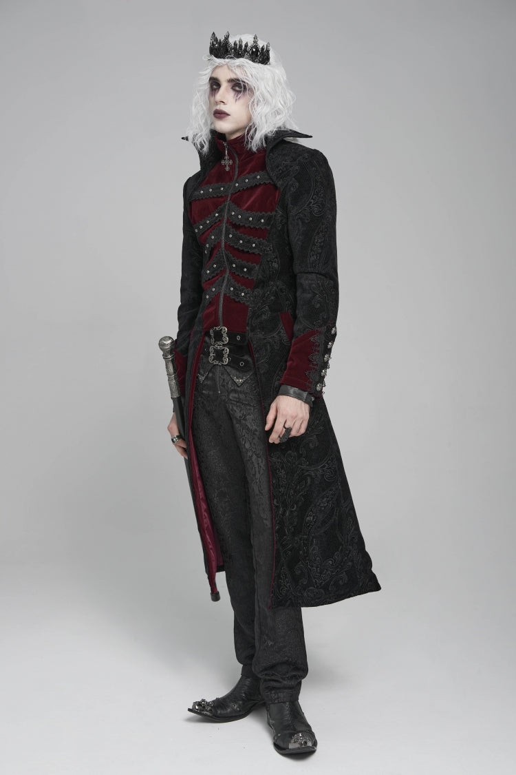 Noir & Red Crystal-Trimmed Printed Zip Gothic Overcoat