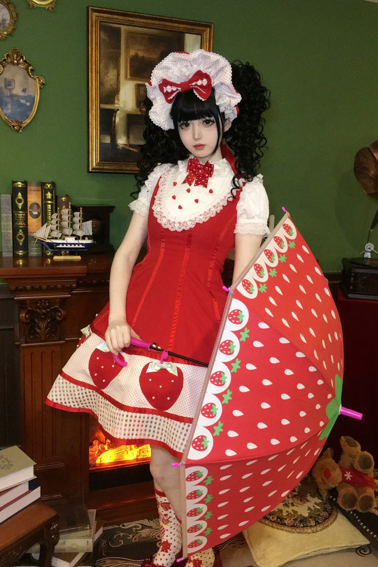 Sweet Lolita Dress with Stand Collar and Bow - Miss Peculiar Strawberry, 2 Shades