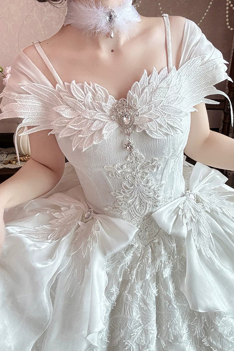 Ivory Square Collar Flutter Sleeve Embroidered Bow Lace JSK