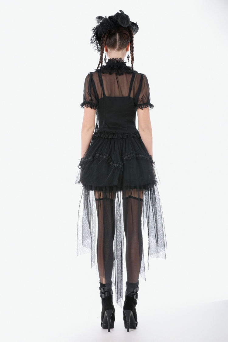 Courtly Gothic Blouse with Puff Sleeves and Lace, Black