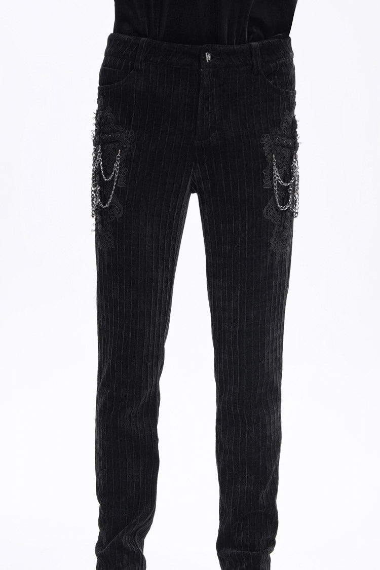 Men's Gothic Pants with Crochet Print and Chain Accent