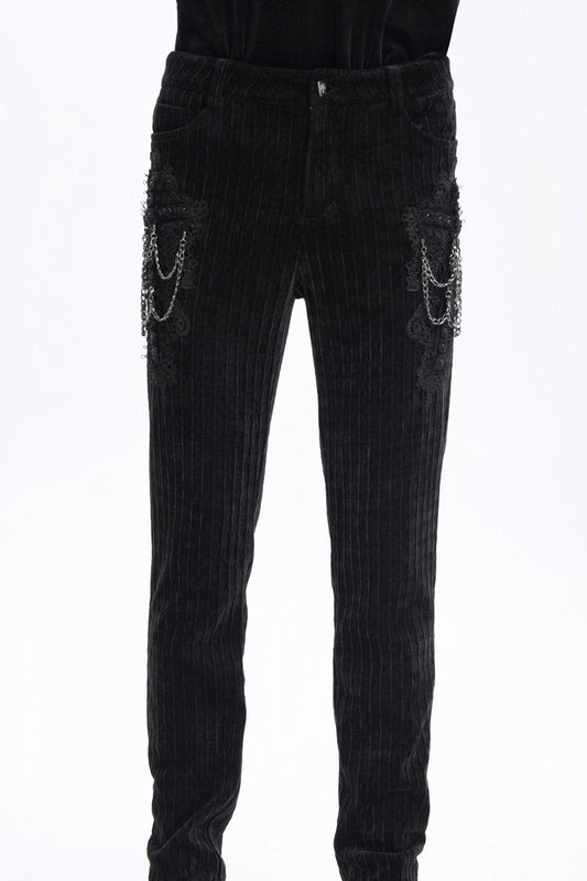Men's Gothic Pants with Crochet Print and Chain Accent